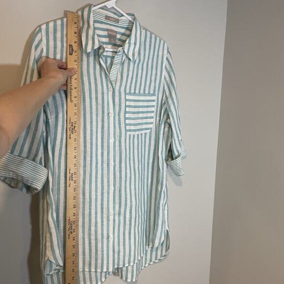 Chico's No Iron Sz 2.5 (US 14) Blue White 3/4 Sleeve Striped Linen Shirt Tunic - Picture 3 of 8